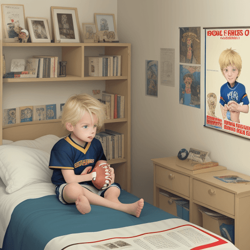 AI generated: Cute, little boy with blond hair, in his room, looking at the poster on the wall with football field...