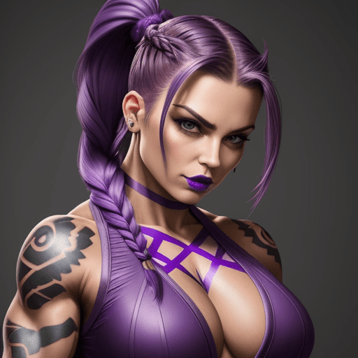 AI generated: muscular woman, tattoos, purple lipstick, purple braided hair, ponytail hair, superhero outfit, look...