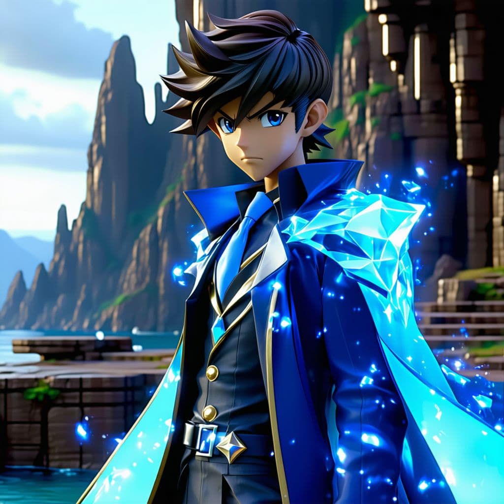 AI generated: Photorealistic portrait of Seto Kaiba from Yu-Gi-Oh, wearing his iconic futuristic white trench coat...