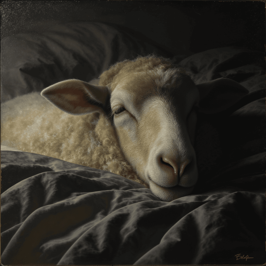 AI generated: A hyper-realistic digital portrait of a sheep trying to go to sleep. The sheep is counting people in...