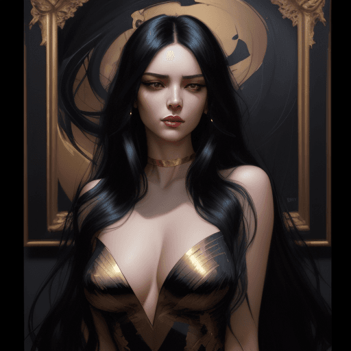 AI generated: a woman with long black hair in a gold painting, sexxy body , in the style of charlie bowater, dark ...