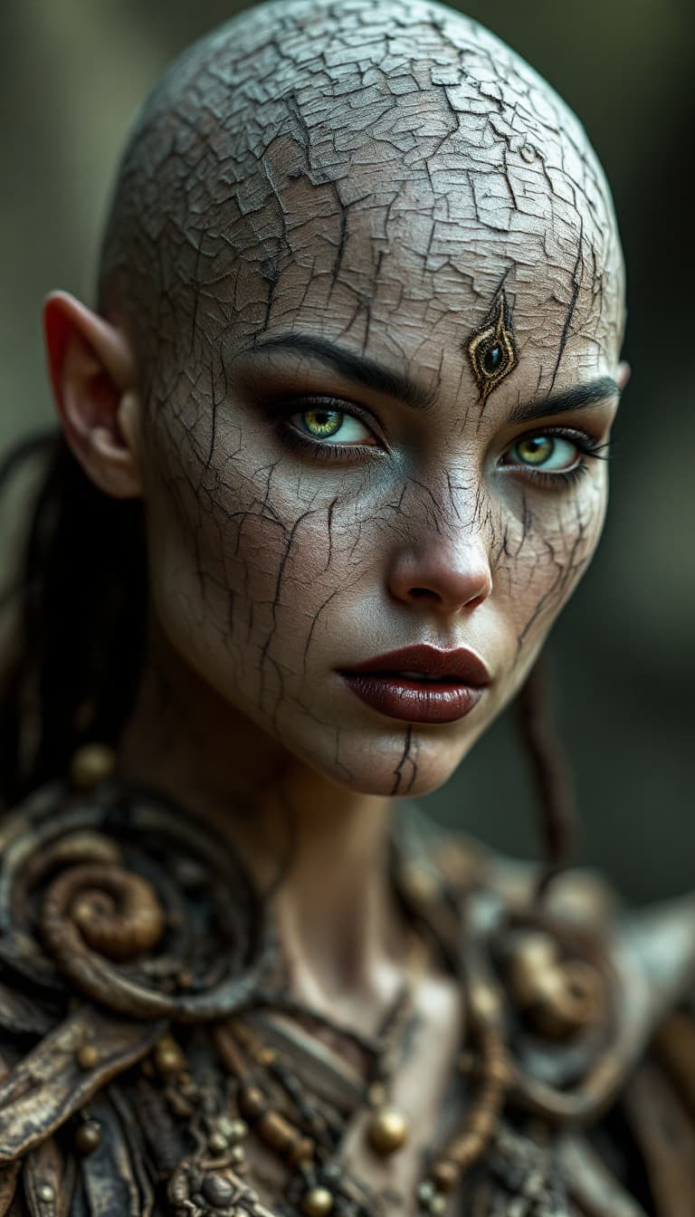 AI generated: A beautiful, bald woman with skin made entirely of woven tree bark texture, knowing expression, owl-...