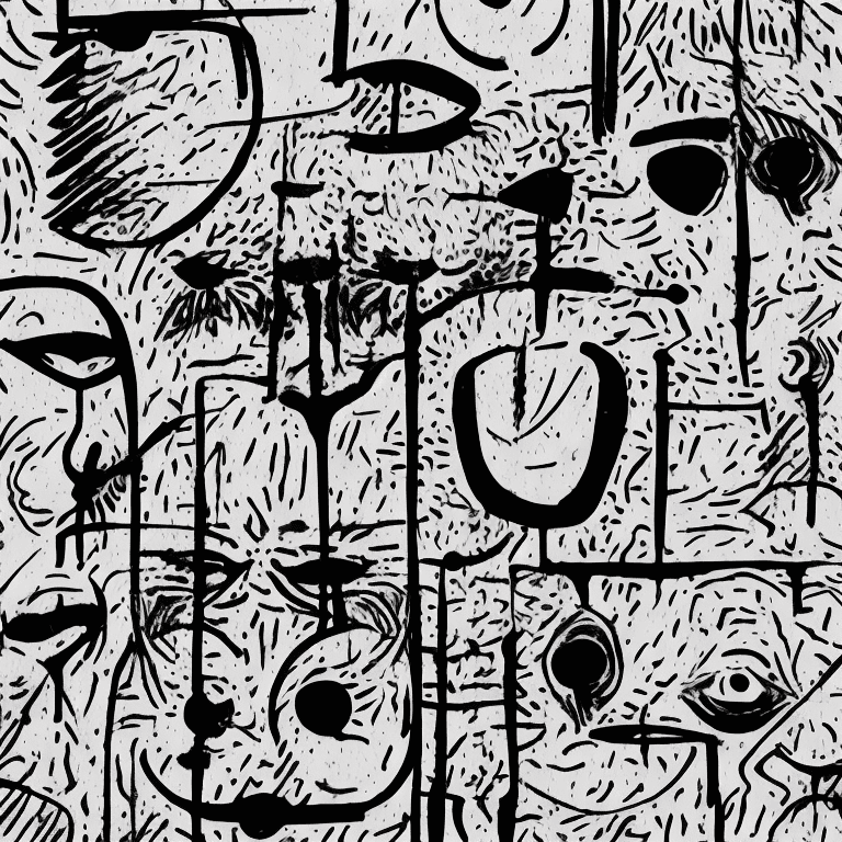 AI generated: abstract faces Negative art Illustration, black drawing on white background