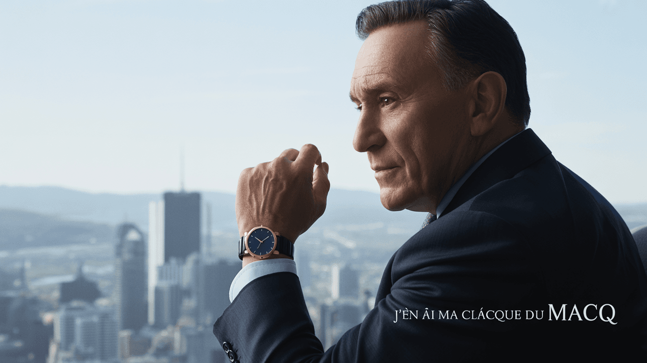 AI generated:  quebec prime minister  francois  legeault photoi mage banner and text j.en ais ma clacque du macq