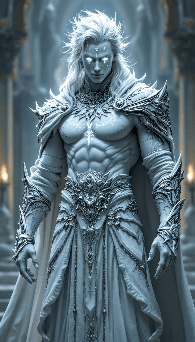 AI generated: all white, white final fantasy, male, mage, priest, white body skin, fantasy big white color full bo...