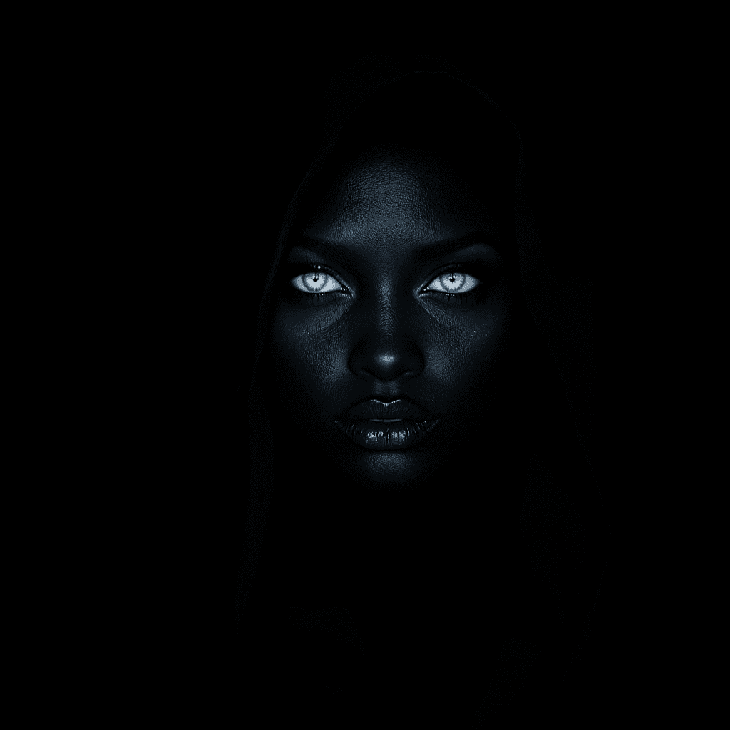 AI generated: Create a hyperrealistic portrait of a mysterious African American lady, her piercing glacier blue ey...