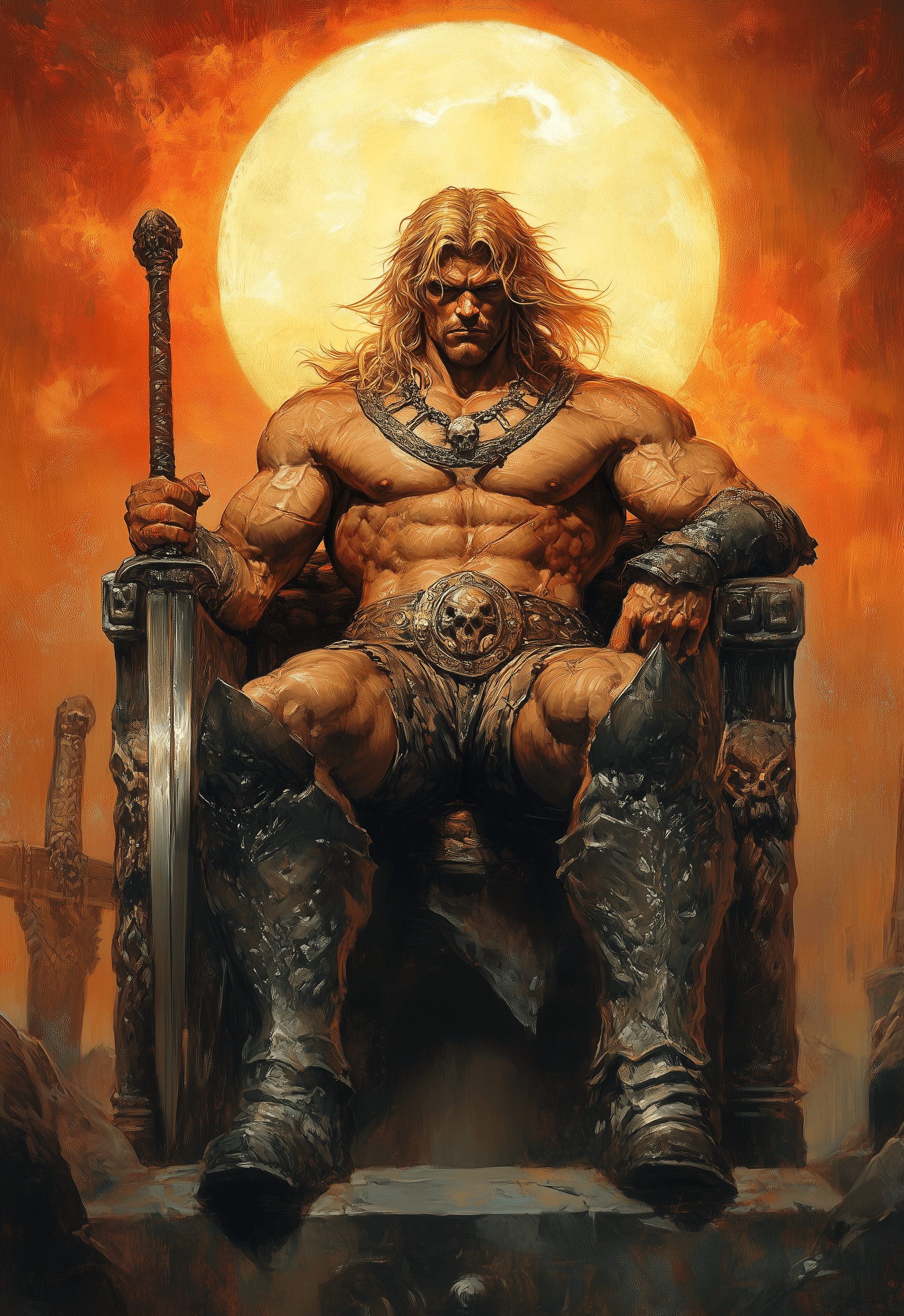 AI generated: The Sun King, sitting on his throne with the sun behind him, fit, abs, in the style of Frank Frazett...