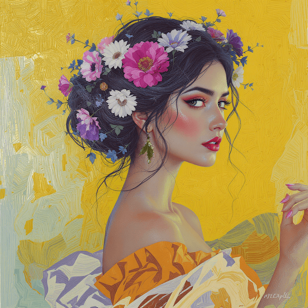 AI generated: commercial illustration of a woman dressed in flowers with flowers in her hair, in the style of artg...