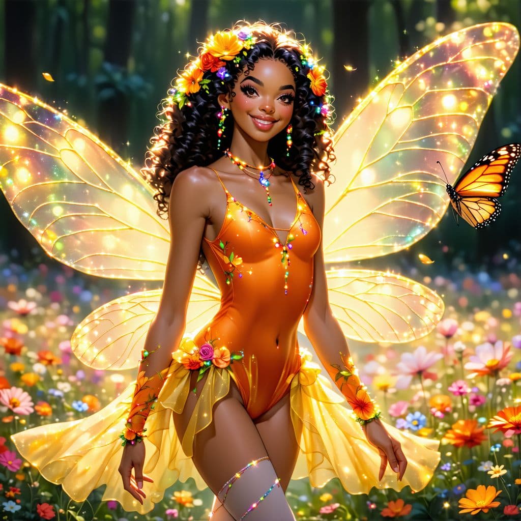 AI generated: (1woman), solo, looking_at_viewer, (full_body:1.5),(standing:1), (orange 
Flower pattern leotard:1.1...