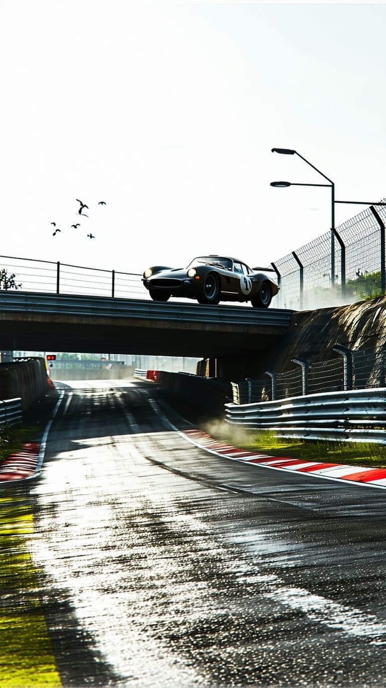 AI generated: 
Summer.  The race track goes through flat terrain and rises up to the Convex Bridge over a small ri...