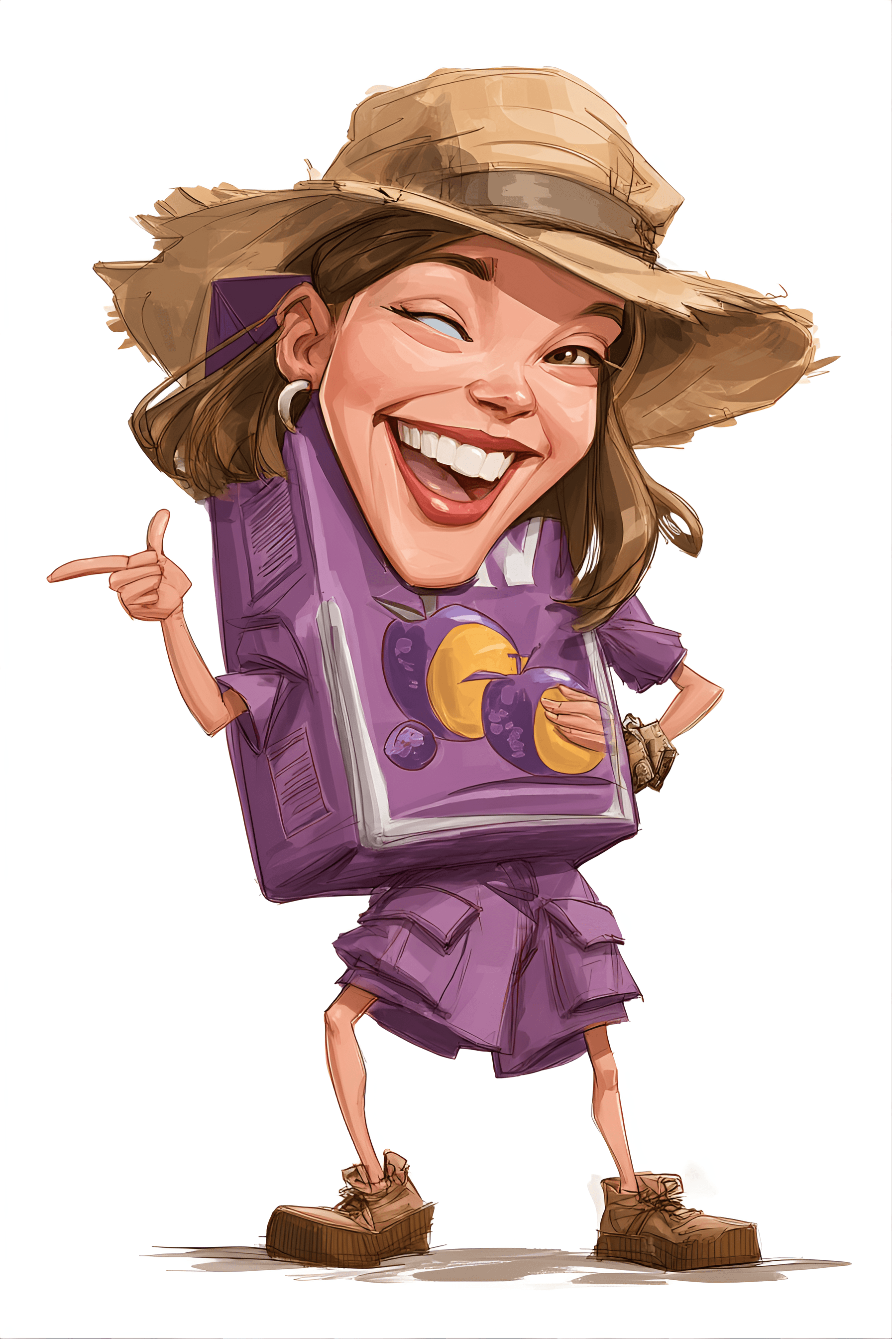 AI generated: funny caricature, cheerful juice box character caricature, animated youthful female, 20 years old, p...