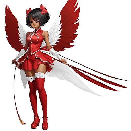 AI generated: Full-body African American and Chinese mixed anime woman with a bow and a red outfit with wings on a...