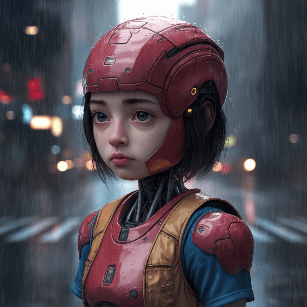 AI generated: young girl with a red robot suit standing in the rain, in the style of detailed hyperrealism, skotti...