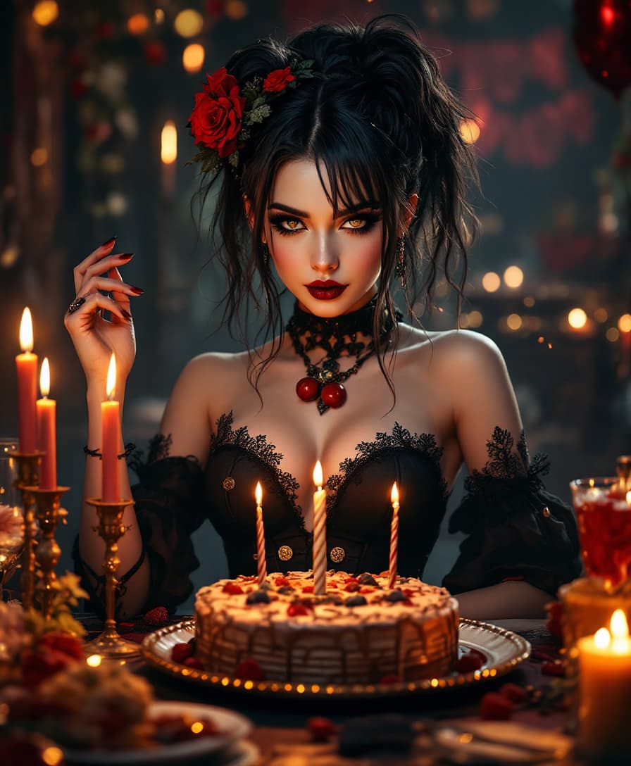 AI generated:  female,very high detailed Goticpunk,photorealistic, birthday party,beautiful girls,gothic style,dif...