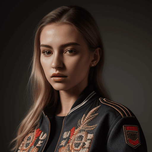 AI generated: Realistic portrait of woman in fashion jacket with embroidered patch. Side lighting and detail in cl...