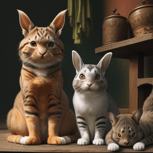 AI generated: High resolution photography two cats a rabbit a parrot a dog