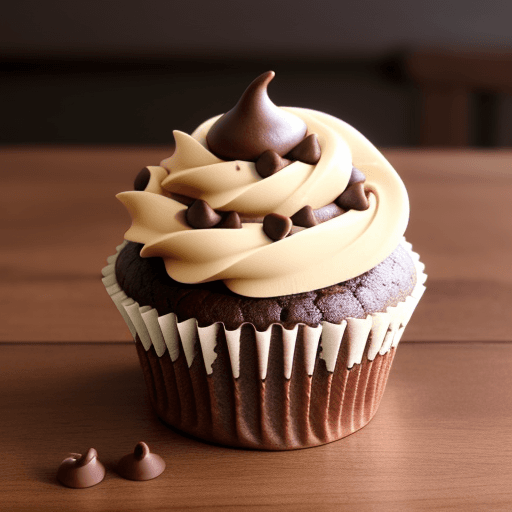 AI generated: a chocolate cupcake on a   have chocolate chip on it,
wooden table,