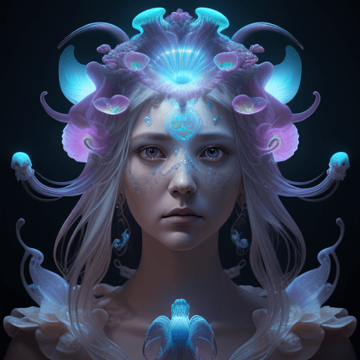 AI generated: Goddess close-up portrait ribcagel. jellyfish phoenix head, nautilus, orchid, skull, betta fish, bio...