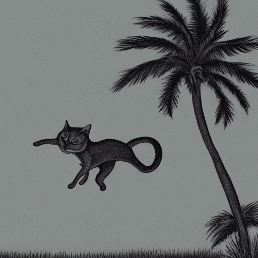 AI generated: Color Drawing of a grey cat jumping sideways to the right on an island with grass and a palm tree on...