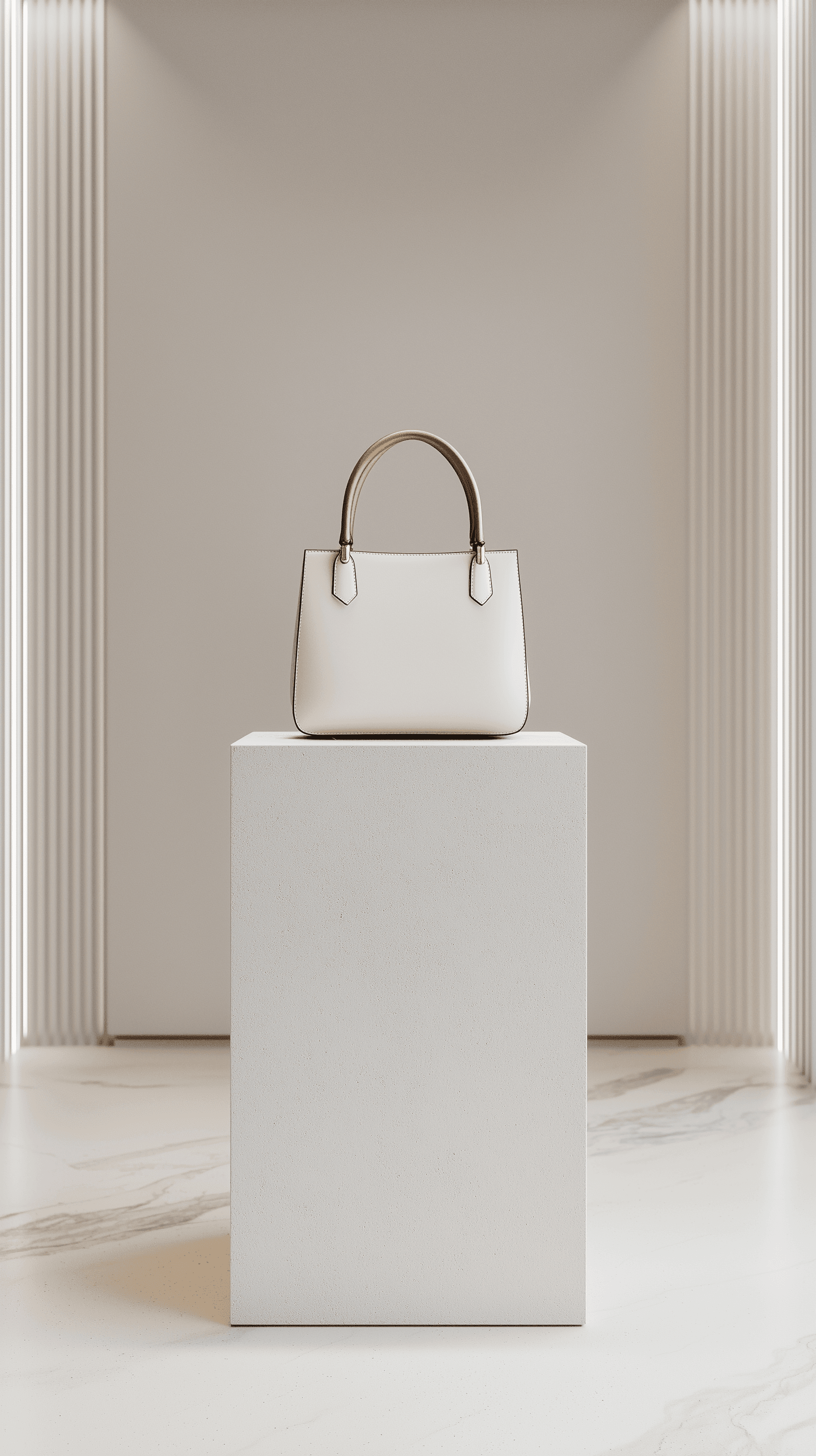 AI generated: photography, front view, focusing a show window, luxury handbag balanced on a thin golden rod, leath...