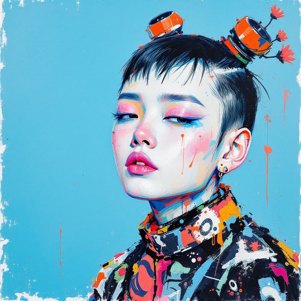 AI generated: A Chinese punk art painting of SUBJECT on a light blue background, in the style of gouache, with som...