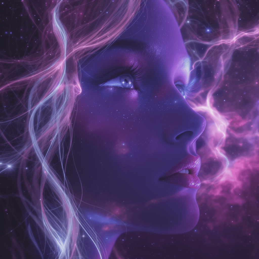 AI generated: Close-up of a serene, expressive face with dreamy eyes looking into the distance, surrounded by glow...
