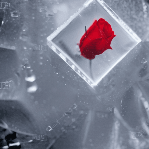 AI generated: close-up photo of a beautiful red rose breaking through a cube made of ice , splintered cracked ice ...