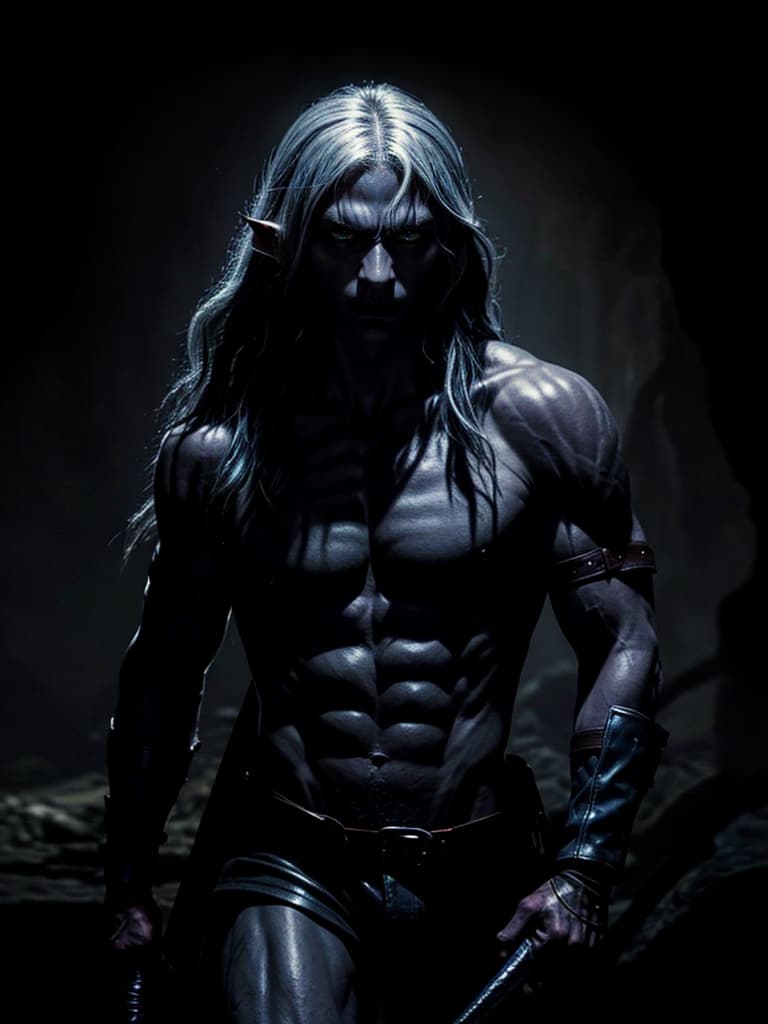 AI generated: Fierce male drow elf, battle-hardened face, wearing leather accessories and bladed weapons, inside a...