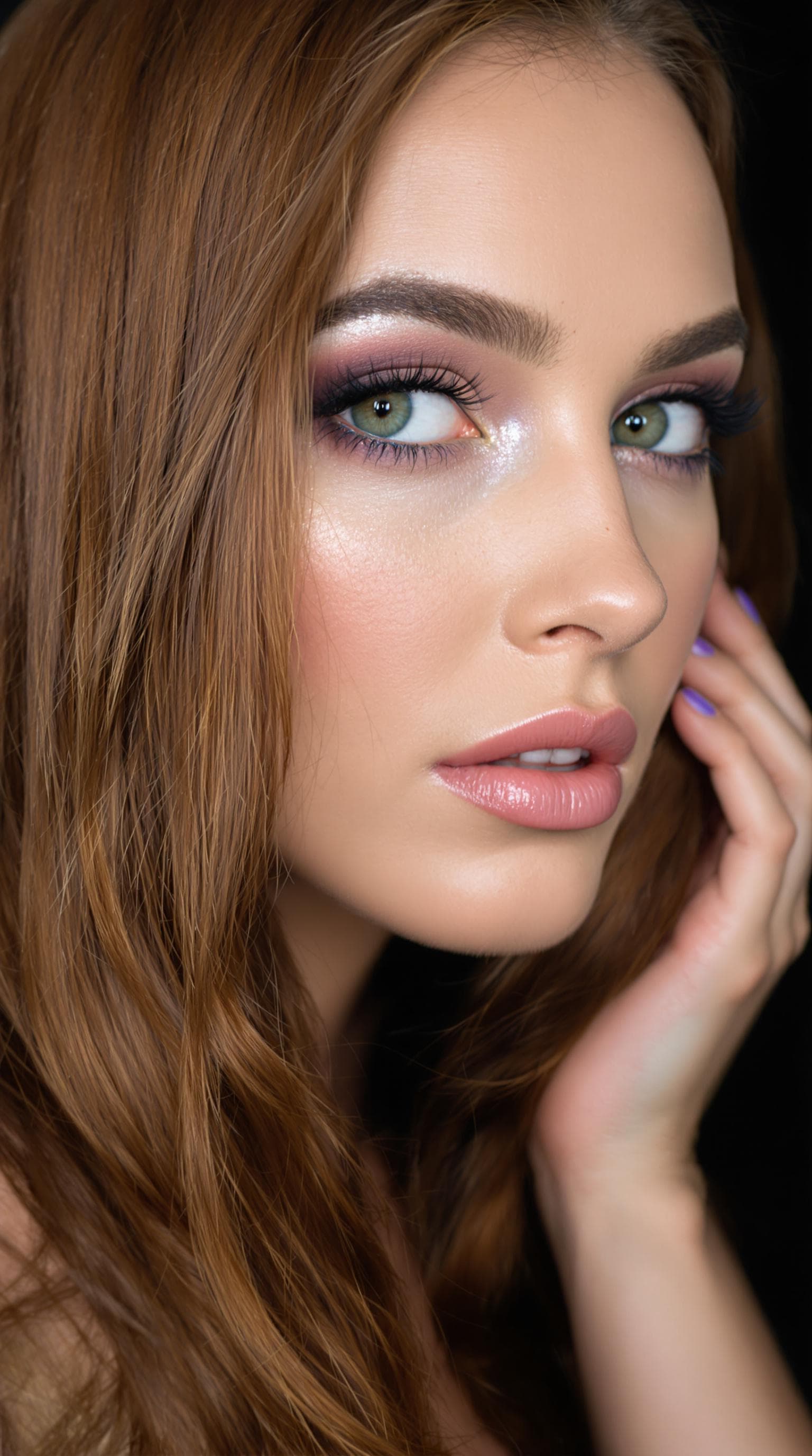 AI generated: "The image is a striking close-up portrait of a woman with lustrous, chestnut brown hair cascading l...