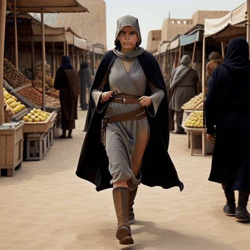 AI generated: A serious and brave female jedi walking through a market in Tatooine, wearing a hooded robe, --ar 4:...