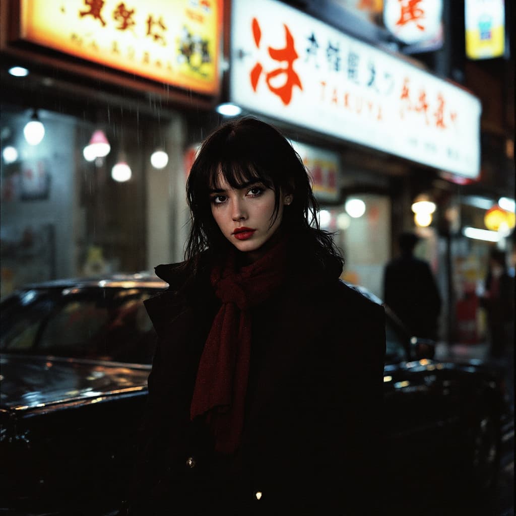 AI generated: 35mm shot of a pertty woman standing in front of a building next to a car, Shibuya, Tokyo, Japan, dr...