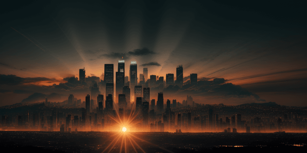 AI generated: Create a high-quality, professional graphic with a dark city background with the sun rising in the b...
