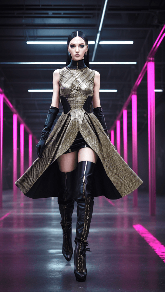 AI generated: Design an avant-garde fashion concept that seamlessly merges the bold aesthetics of cyberpunk with t...