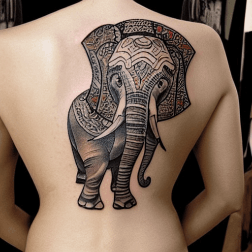 AI generated: TATTOO, ON THE BACK, ELEPHANT, ARMOR, PERSIA, GREECE