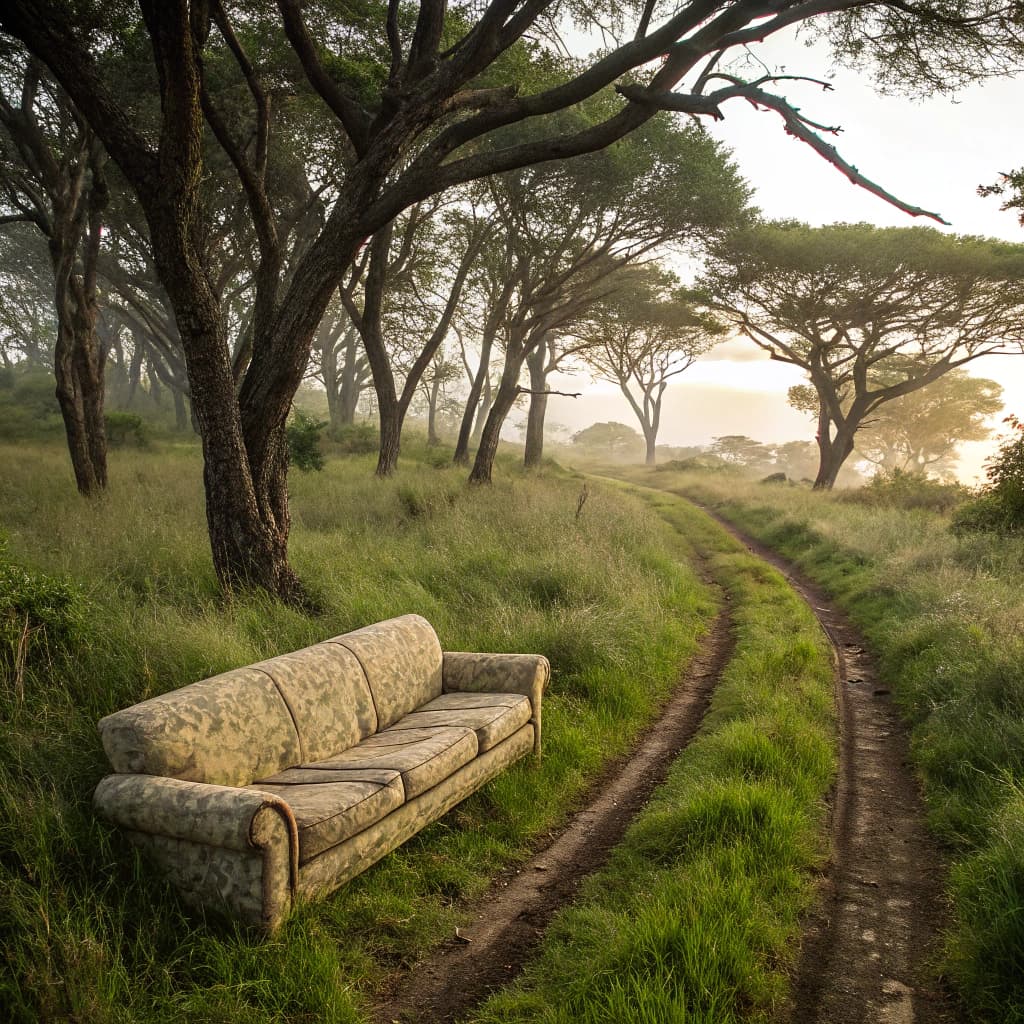 AI generated: .” The couch glided to a halt and settled down on the ground, nestling itself between some wide tree...