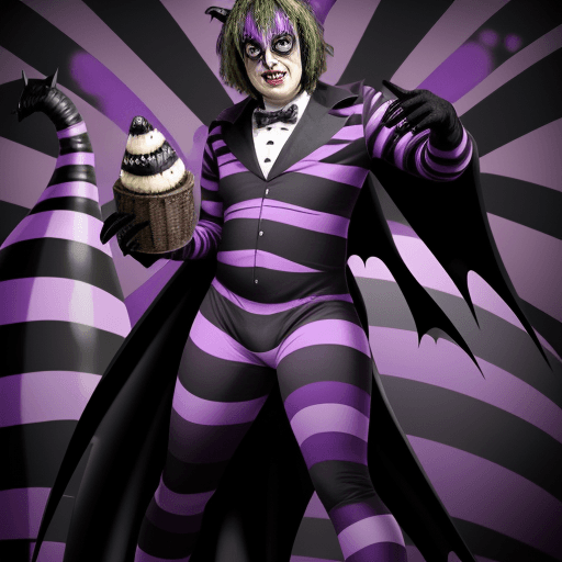 AI generated: Beetlejuice in a batman costume in purple and black stripes, confronting a sandworm