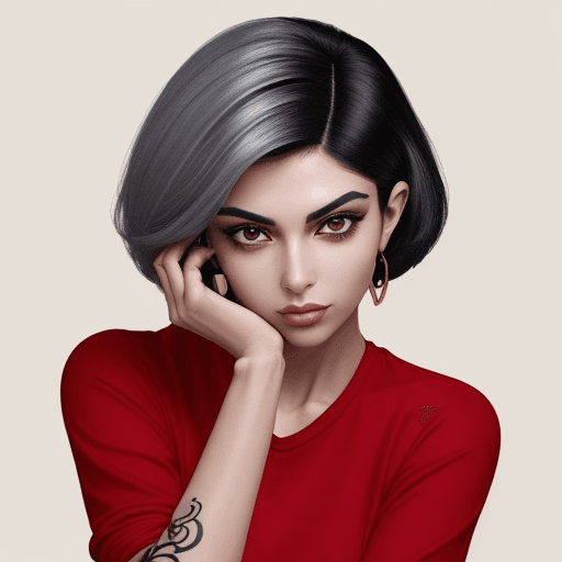 AI generated: a persian woman in red shirt with Bob hairstyle and her arms folded against , in the style of tattoo...