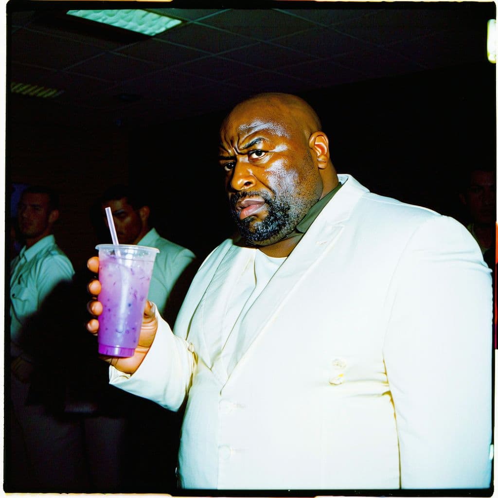 AI generated: grainy 80's photograph quality polaroid of firing squad shooting a big fat bald fearful black man wi...