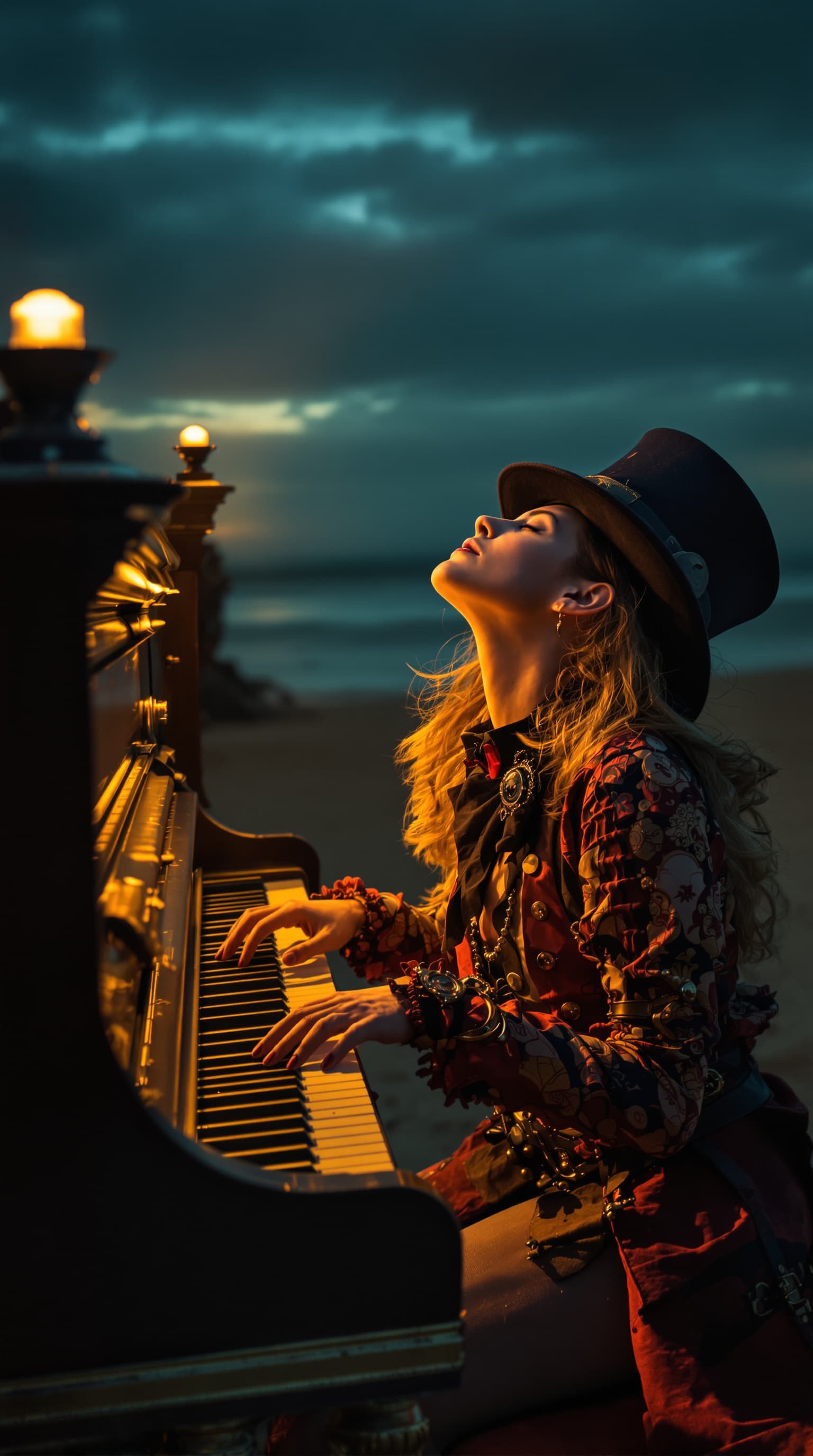 AI generated: Image is a dramatic, artistic photograph featuring a person playing a piano on a beach at dusk. The ...
