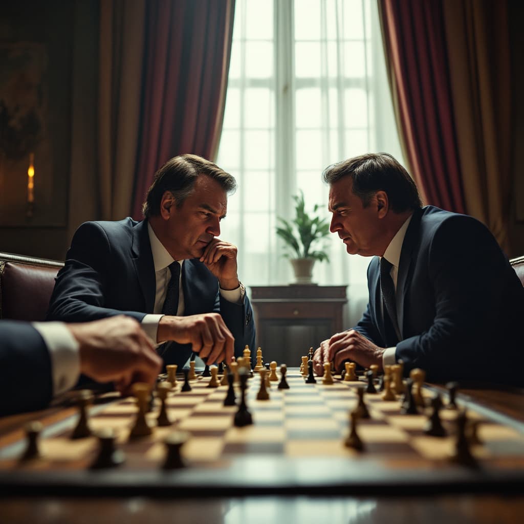 AI generated: Uma visão em primeira pessoa de um jogo de xadrez contra Jair Bolsonaro, o ex-presidente do Brasil. ...