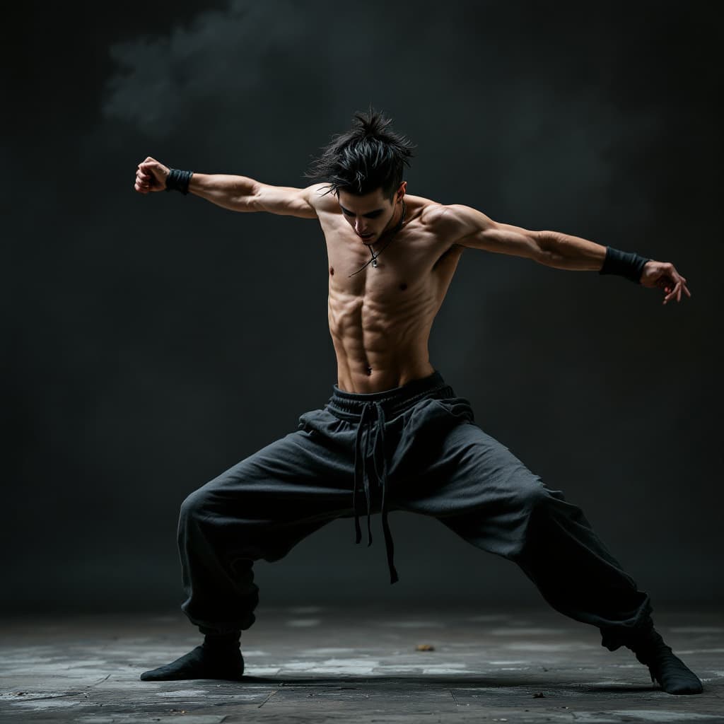 AI generated: very skinny goth guy in sweatpants and shirtless, performing what he imagines to be acrobatic slick ...