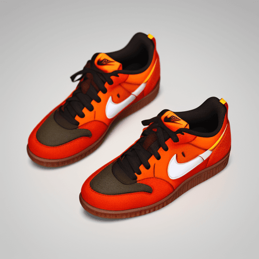AI generated: pair of shoes made of dried fruit skins, 3d render, bright colours, clean composition, beautiful art...