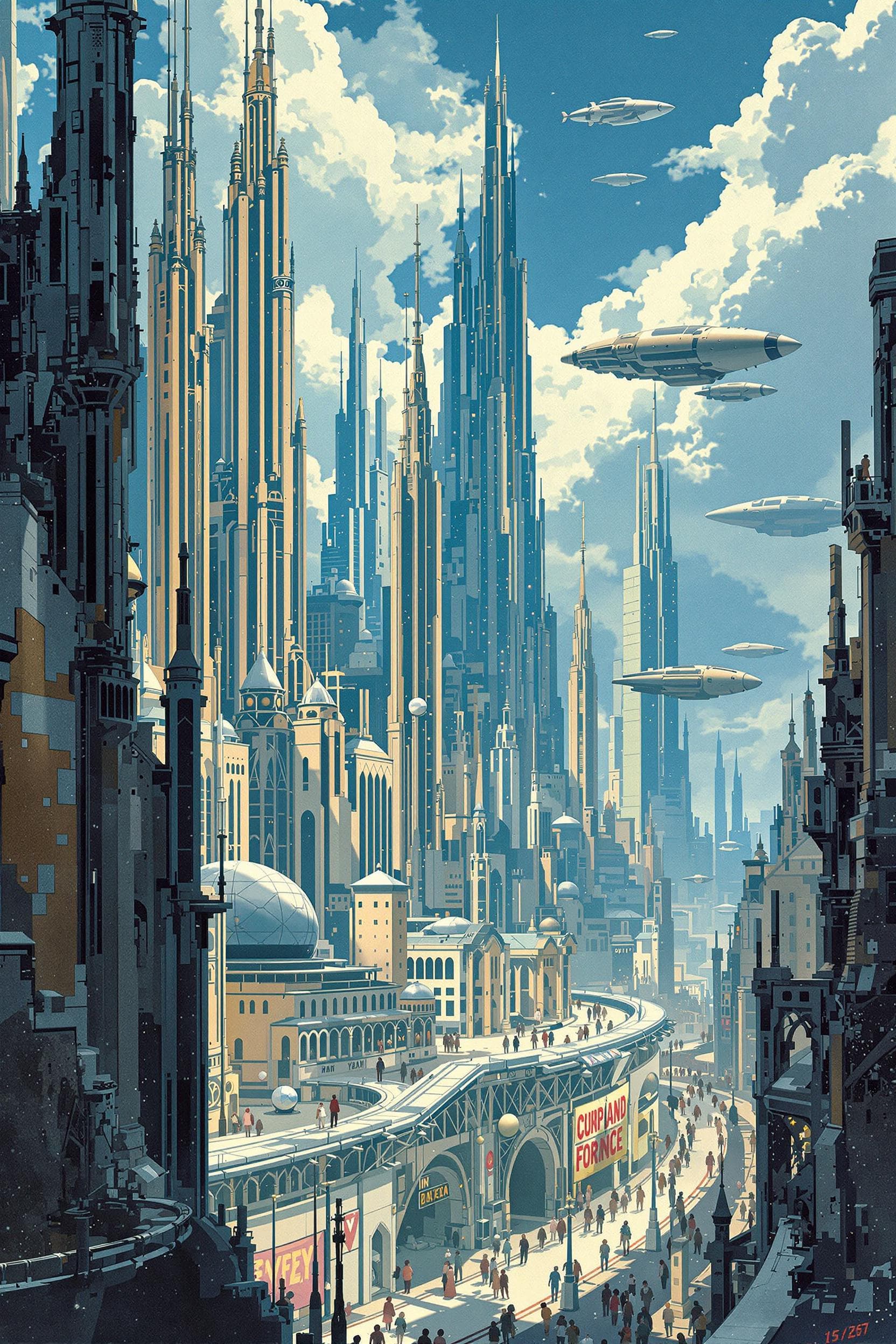 AI generated: 'une ville futuriste avec de grands immeubles et des vaisseaux spatiaux dans le style de Zdzisław Be...