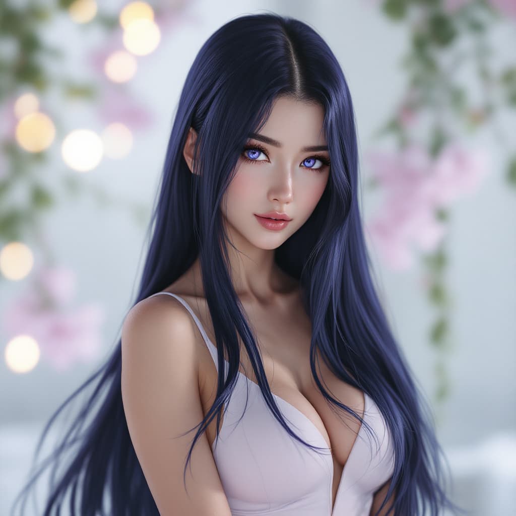 AI generated: A highly detailed, ultra-realistic full-body portrait of Hinata Hyuga from Naruto. She has a stunnin...