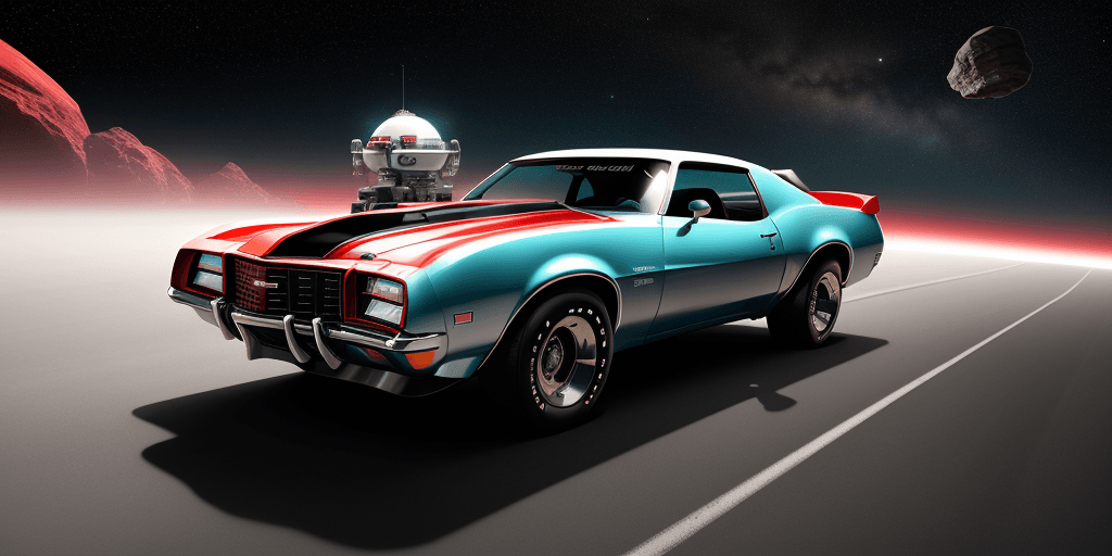 AI generated: a sci fi image,retro scifi,50th style a diner on a asteroid,flying 1973 Chevrolet Camaro Type LT in ...