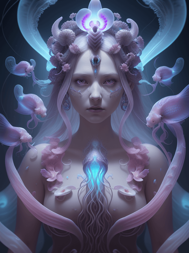 AI generated: Goddess close-up portrait ribcagel. jellyfish phoenix head, nautilus, orchid, skull, betta fish, bio...