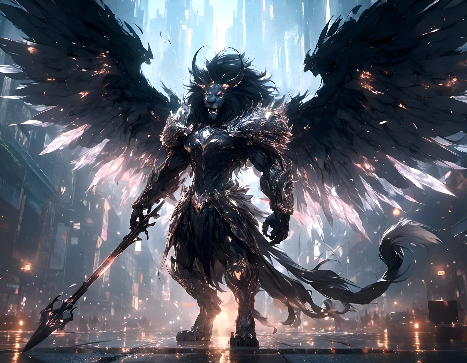 AI generated: <lora:Animation:1.0> <lora:Battle Armor Weapons:1.0> A angelic mythical lion with spreading arms wit...
