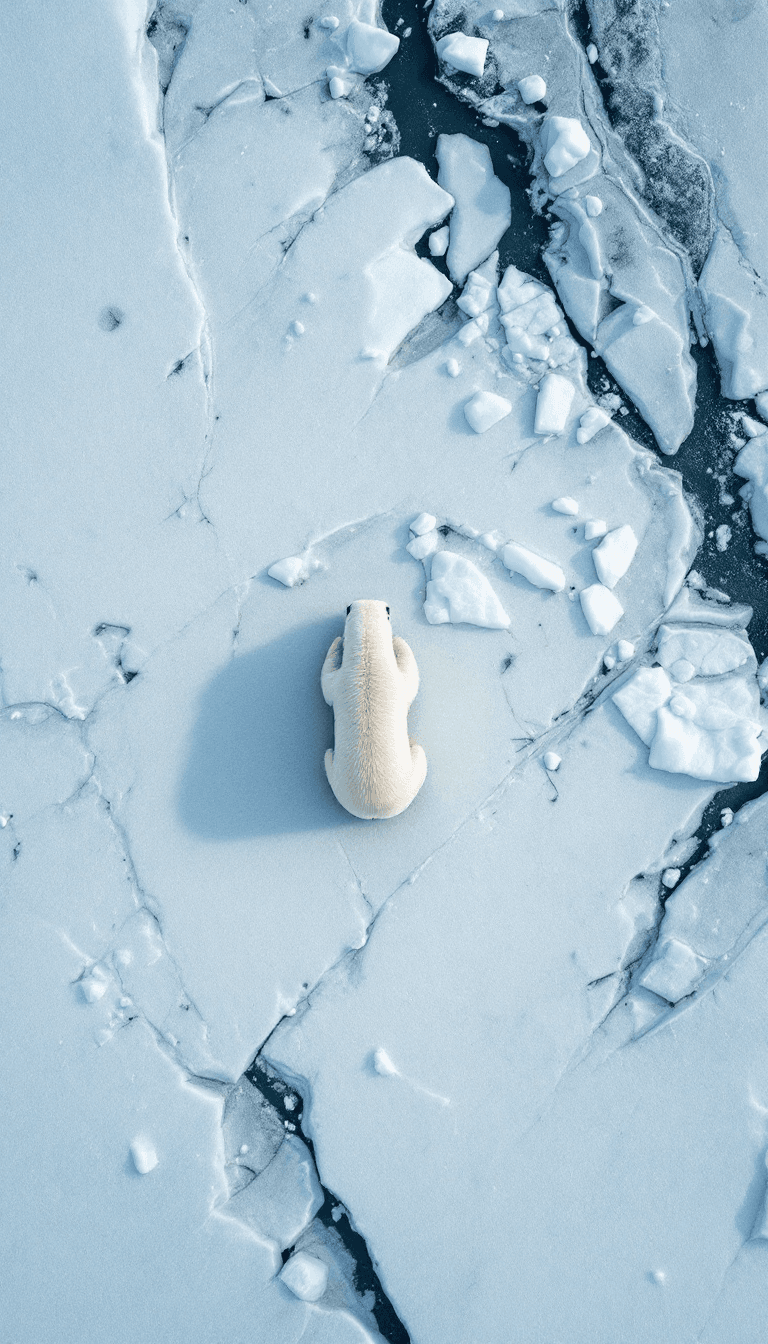AI generated: Top down aerial shot looking down at a polar bear in a icy tundra --v 6.0 --style raw