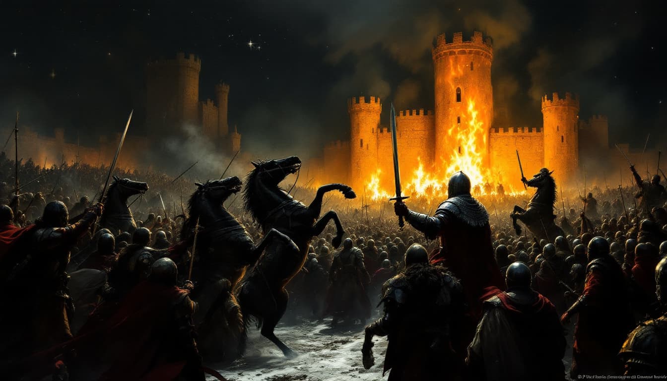 AI generated: a medieval battle scene in front of a castle, with a large crowd of people and horses. The castle is...