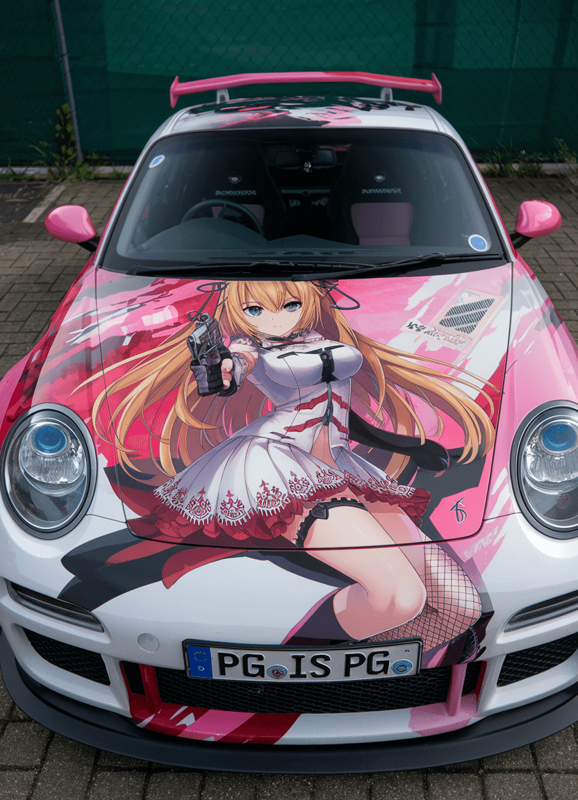 AI generated: A car with a vibrant and colorful realistic stunning and gorgeous allu**ng anime-themed wrap. The ca...